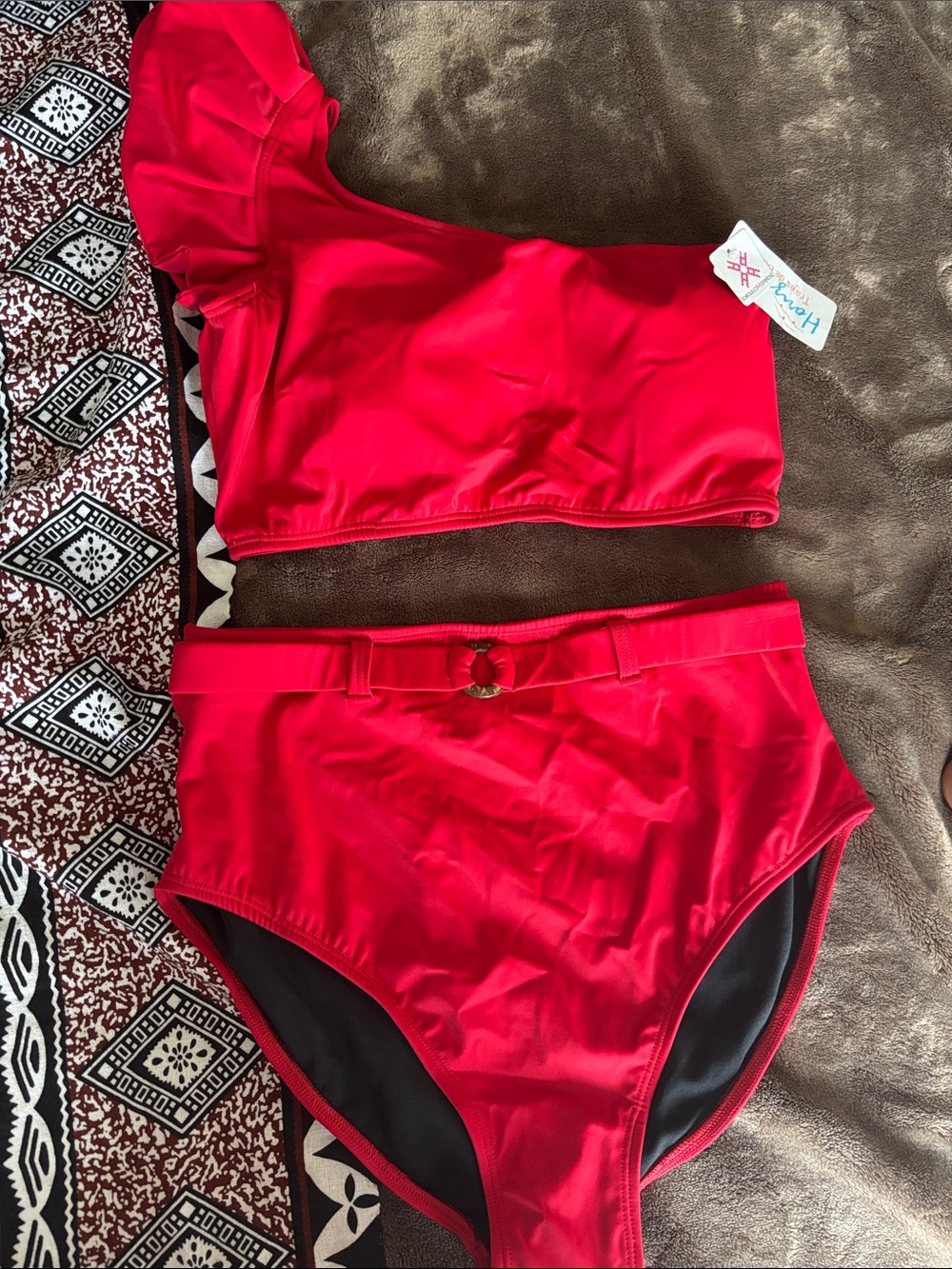 High-Waist One-Shoulder Bikini Set in Bright Red